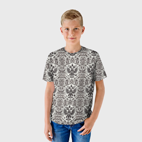Детская футболка 3D с принтом Паттерн герба России на белом фоне, фото на моделе #1