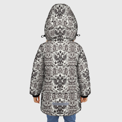 Зимняя куртка для девочек 3D с принтом Паттерн герба России на белом фоне, вид сзади #2
