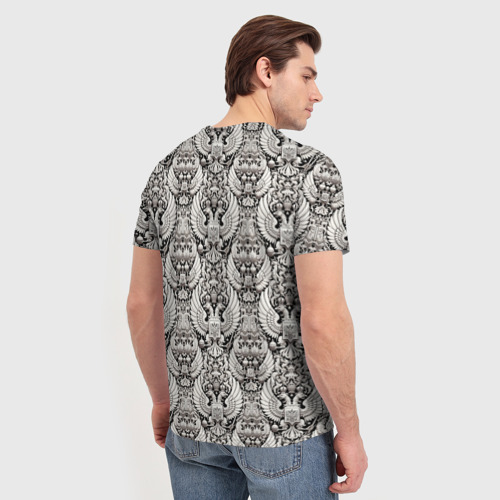 Мужская футболка 3D с принтом Греб России черный и белый паттерн, вид сзади #2