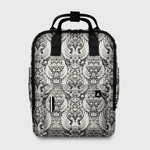 Женский рюкзак 3D с принтом Греб России черный и белый паттерн, вид спереди #2