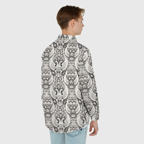 Мужская рубашка oversize 3D с принтом Греб России черный и белый паттерн, вид сзади #2
