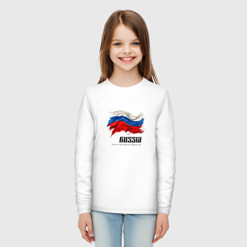 Детский лонгслив хлопок с принтом Развевающийся флаг России с надписью, вид сбоку #3