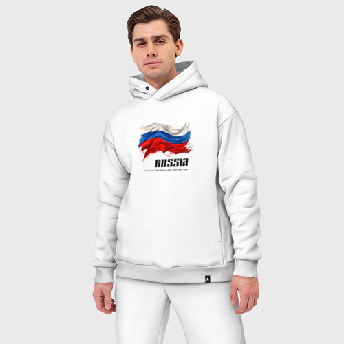 Мужской костюм oversize хлопок с принтом Развевающийся флаг России с надписью, фото на моделе #1