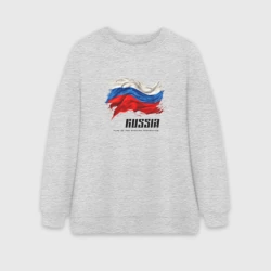 Женский свитшот oversize без начеса хлопок Развевающийся флаг России с надписью 