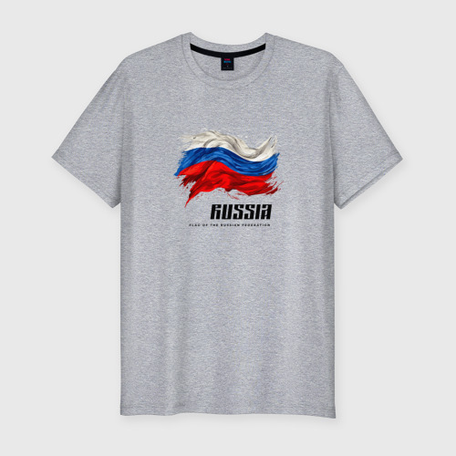 Мужская футболка хлопок Slim Развевающийся флаг России с надписью , цвет меланж