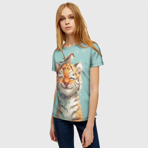 Женская футболка 3D с принтом Тигренок и воробей, фото на моделе #1