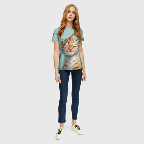 Женская футболка 3D с принтом Тигренок и воробей, вид сбоку #3