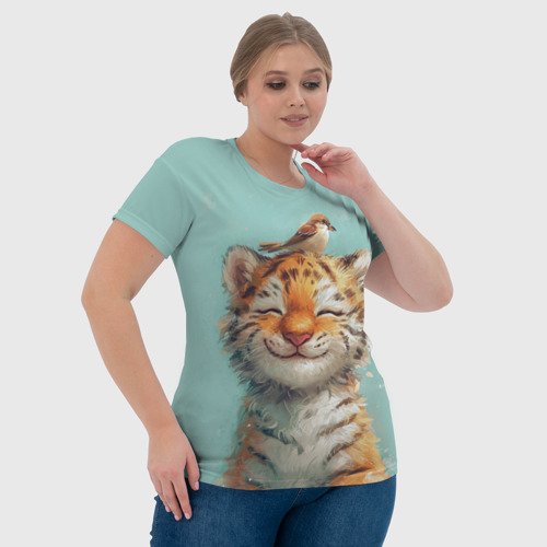 Женская футболка 3D с принтом Тигренок и воробей, фото #4