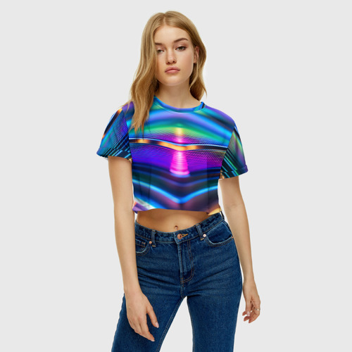 Женская футболка Crop-top 3D Неоновые линии платформы, цвет 3D печать - фото 3