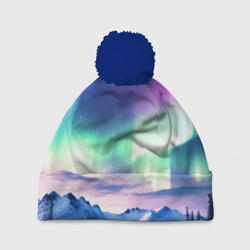 Шапка 3D c помпоном Северное сияние на природе ai art