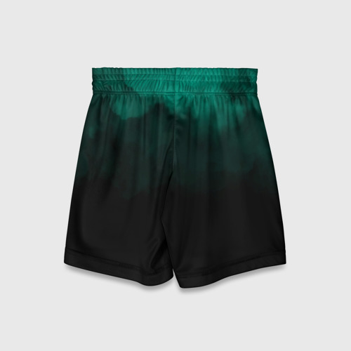 Детские спортивные шорты 3D с принтом Зелёный туман на чёрном, вид сзади #1