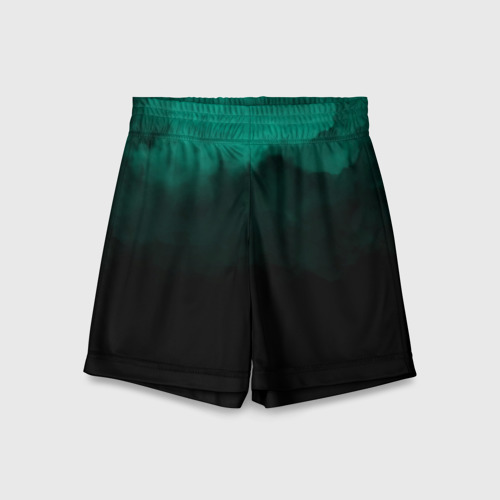 Детские спортивные шорты 3D с принтом Зелёный туман на чёрном, вид спереди #2