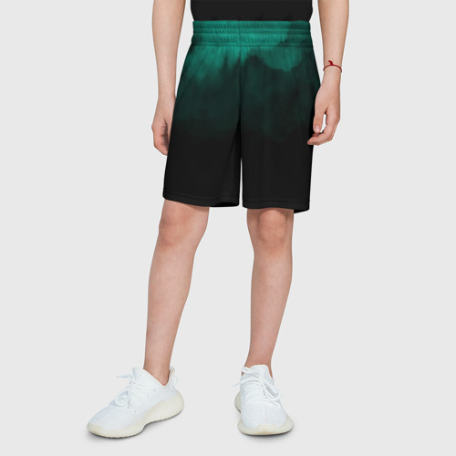 Детские спортивные шорты 3D с принтом Зелёный туман на чёрном, вид сбоку #3