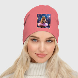 Женская шапка демисезонная Мем капибара балерина в розовой юбочке и короне - фото 2