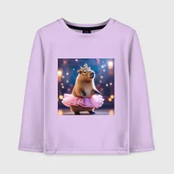 Детский лонгслив хлопок Мем капибара балерина в розовой юбочке и короне