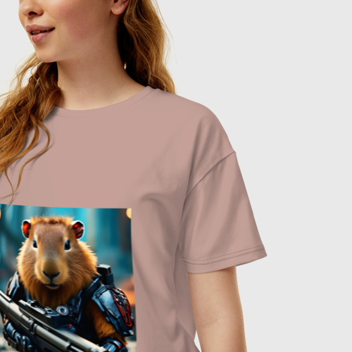 Женская футболка хлопок Oversize с принтом Мем вооруженная капибара и автомат, фото на моделе #1