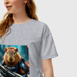 Женская футболка хлопок Oversize Мем вооруженная капибара и автомат - фото 2