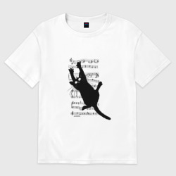 Женская футболка хлопок Oversize Кот повис на музыкальных нотах