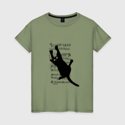 Кот повис на музыкальных нотах – Женская футболка хлопок с принтом купить со скидкой в -20%