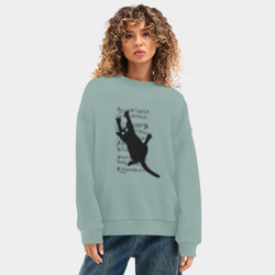 Женский свитшот oversize без начеса хлопок Кот повис на музыкальных нотах - фото 2