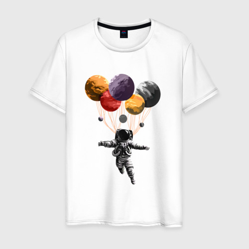 Мужская футболка из хлопка с принтом Космонавт в космосе парит на планетах, вид спереди №1