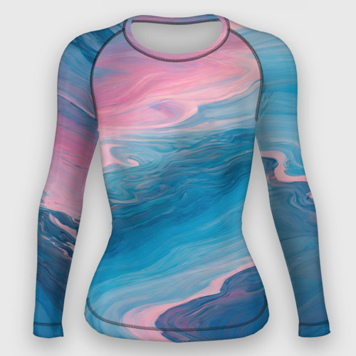 Женский рашгард 3D с принтом Смешение розовой и голубой воды, вид спереди #2