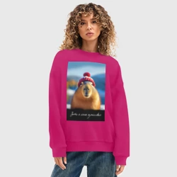 Женский свитшот oversize без начеса хлопок Мем капибара в шапочке: зато я очень красивый - фото 2