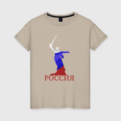 Женская футболка хлопок Родина Мать зовет на фоне флага России