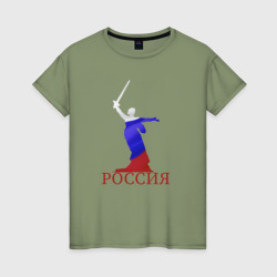 Родина Мать зовет на фоне флага России – Женская футболка хлопок с принтом купить со скидкой в -20%