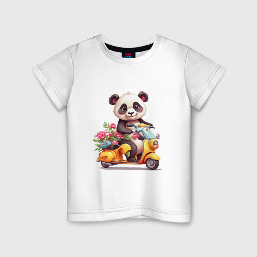 Детская футболка из хлопка с принтом Панда на мопеде, вид спереди №1
