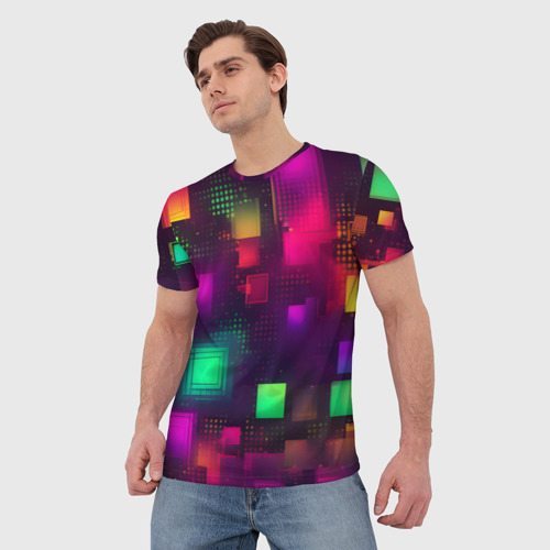 Мужская футболка 3D Разноцветные квадраты и точки, цвет 3D печать - фото 3