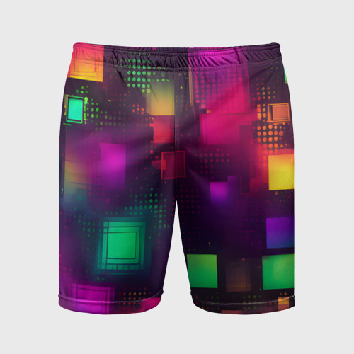 Мужские шорты спортивные с принтом Разноцветные квадраты и точки, вид спереди #2