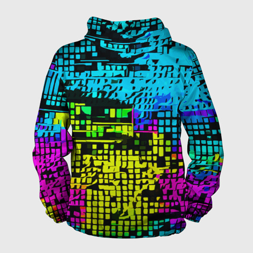 Мужская ветровка 3D с принтом Разноцветный глитч на чёрном фоне, вид сзади #1