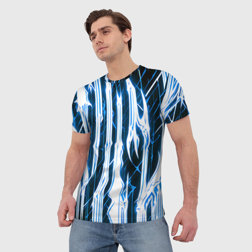 Мужская футболка 3D Синие неоновые полосы на чёрном фоне, цвет 3D печать - фото 3