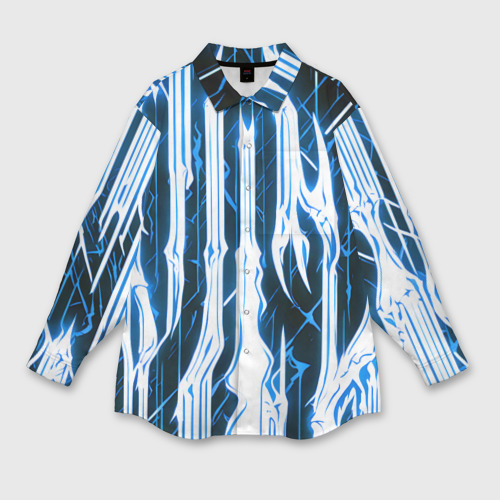 Женская рубашка oversize 3D с принтом Синие неоновые полосы на чёрном фоне, вид спереди #2