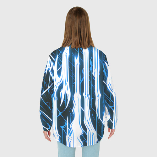 Женская рубашка oversize 3D с принтом Синие неоновые полосы на чёрном фоне, вид сзади #2