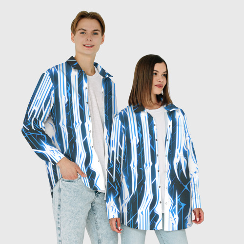 Женская рубашка oversize 3D с принтом Синие неоновые полосы на чёрном фоне, фото #4
