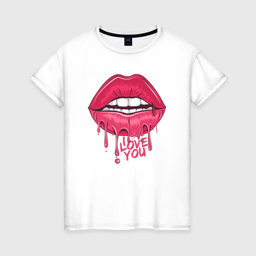 Женская футболка из хлопка с принтом I love you lips, вид спереди №1