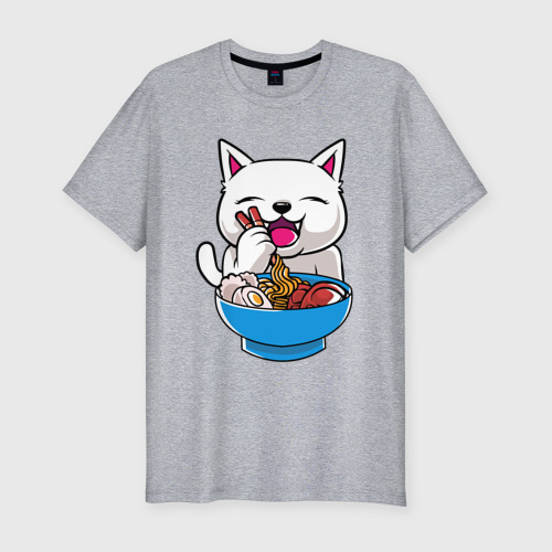 Мужская футболка хлопок Slim с принтом Белый котик обедает, вид спереди #2