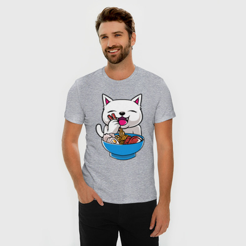 Мужская футболка хлопок Slim с принтом Белый котик обедает, фото на моделе #1
