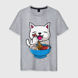 Белый котик обедает – Мужская футболка хлопок с принтом купить со скидкой в -20%