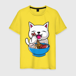 Белый котик обедает – Мужская футболка хлопок с принтом купить со скидкой в -20%