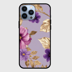 Фиолетовые цветы с золотыми листьями – Чехол для iPhone 13 Pro Max с принтом купить