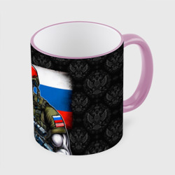 Кружка с полной запечаткой Русский солдат на фоне  флага