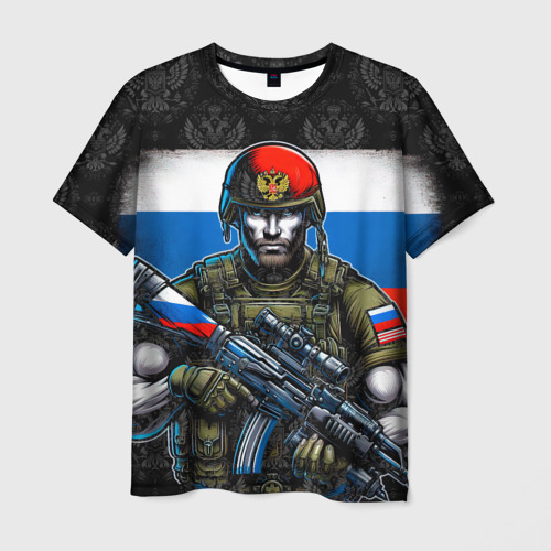 Мужская футболка с принтом Русский солдат на фоне  флага, вид спереди №1