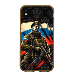 Чехол для iPhone XS Max матовый Русский солдат на фоне  флага  России