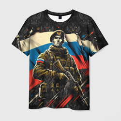 Мужская футболка 3D Русский солдат на фоне  флага  России