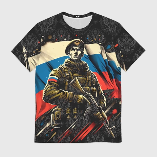 Мужская футболка 3D с принтом Русский солдат на фоне  флага  России, вид спереди #2