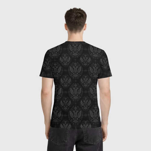 Мужская футболка 3D с принтом Русский солдат на фоне  флага  России, вид сзади #2