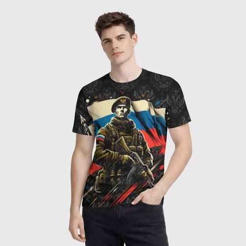Мужская футболка 3D с принтом Русский солдат на фоне  флага  России, фото на моделе #1